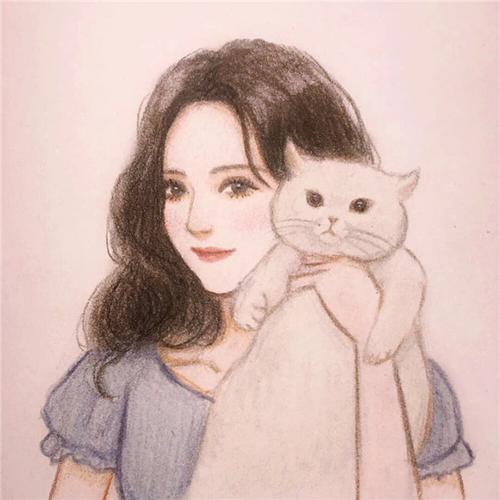 美女抱猫手绘头像：​