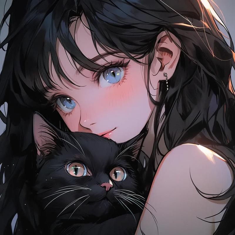 抱着猫的黑发女头像动漫版： 曾经有个人对我单膝下跪说着动人的情话。