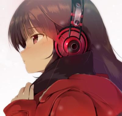 女孩带红色耳机的情侣头像：只要我们心连心