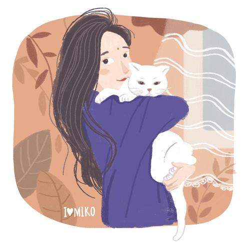 手绘女生头像抱蓝白猫的图片可爱：其实唐僧也挺色的